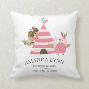 Tribal Woodland Animals Baby Birth Stats Pillow