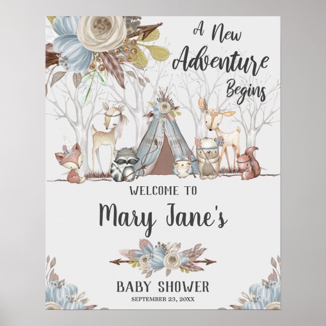 Tribal Woodland Animals Baby Boy Shower Welcome Poster (Front)