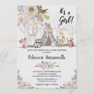 Tribal Woodland Animals Baby Girl Shower Floral Invitation