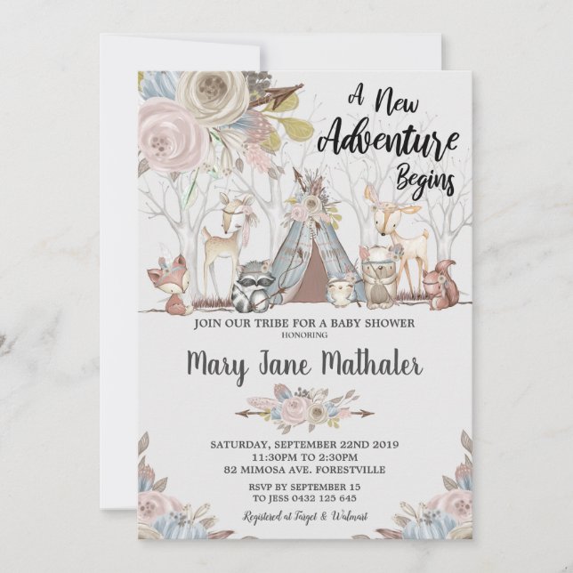 Tribal Woodland Animals Baby Shower Baby Girl Invitation (Front)