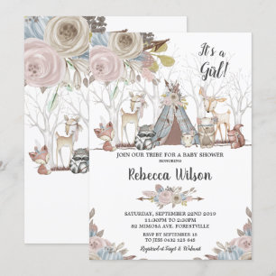Tribal Woodland Animals Baby Shower Baby Girl Invitation