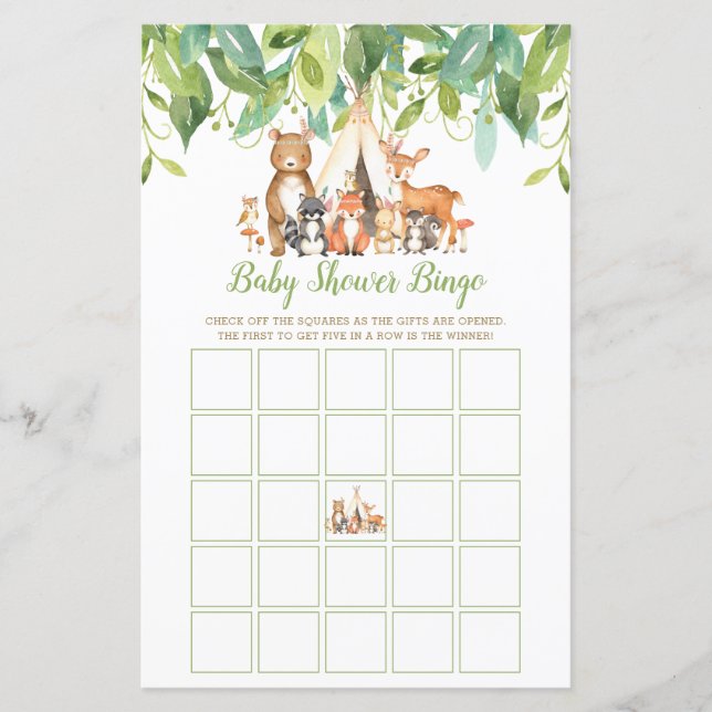 Tribal Woodland Animals Baby Shower Bingo Game (Front)