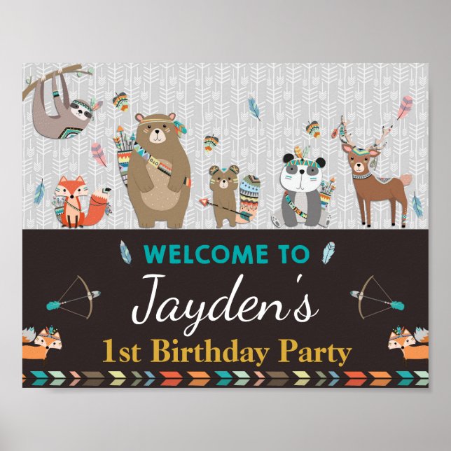 Tribal Woodland Animals Birthday Welcome Sign Boy (Front)
