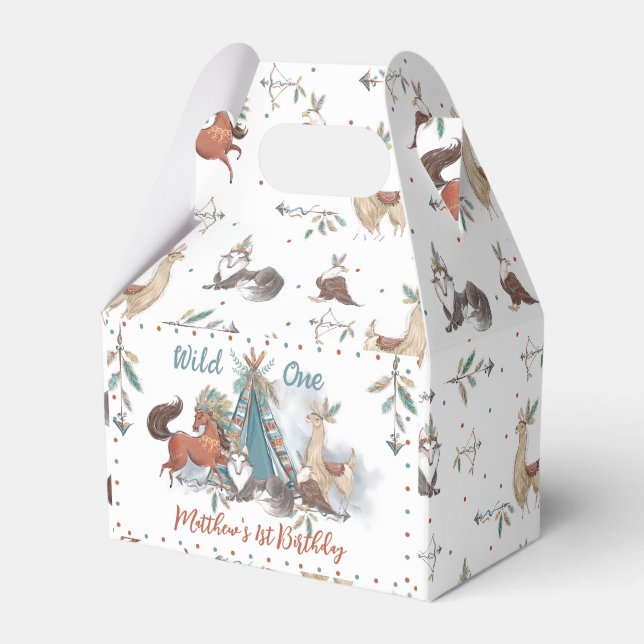 Tribal Woodland Animals Boy Wild One 1st Birthday Favour Box (Front Side)