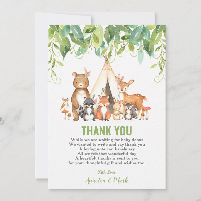 Tribal Woodland Animals Greenery Baby Shower Thank You Card (Front)