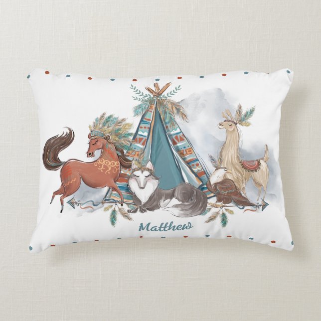 Tribal Woodland Animals Teepee Feathers Arrows Decorative Cushion (Front)