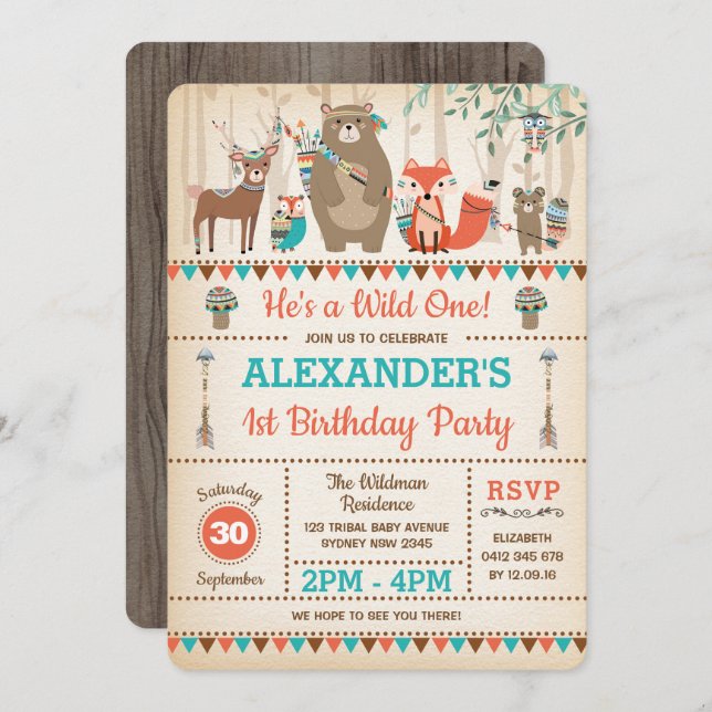Tribal Woodland Animals Wild One 1st Birthday Invitation (Front/Back)