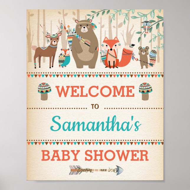 Tribal Woodland Baby Animals Wild One Welcome Poster (Front)