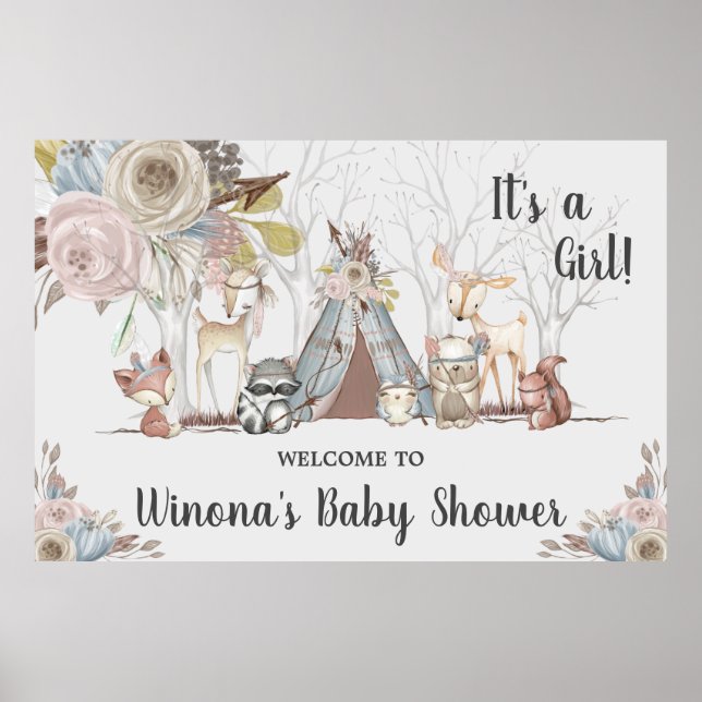 Tribal Woodland Birthday Baby Shower Backdrop Poster (Front)