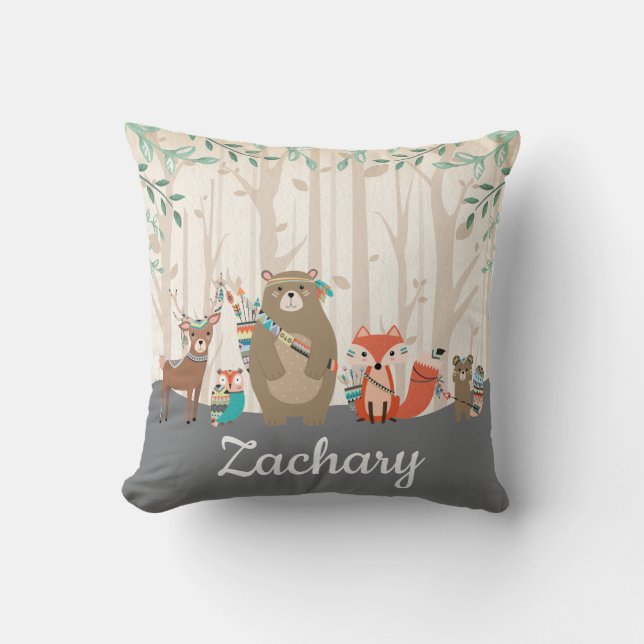 Tribal Woodland Forest Animals Boy Nursery Room Cushion (Front)