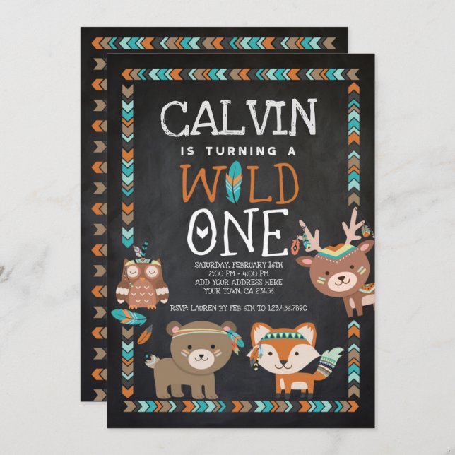 Tribal Woodland, Wild One, 1st Birthday Invitation (Front/Back)