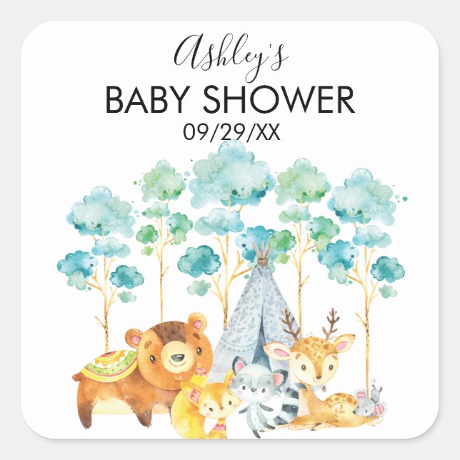 TribalWoodland Animals Baby Shower Favour Sticker (Front)