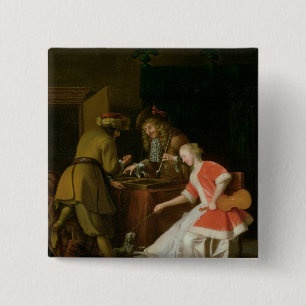 Tric-trac Players with a Lady and Her Dog 15 Cm Square Badge
