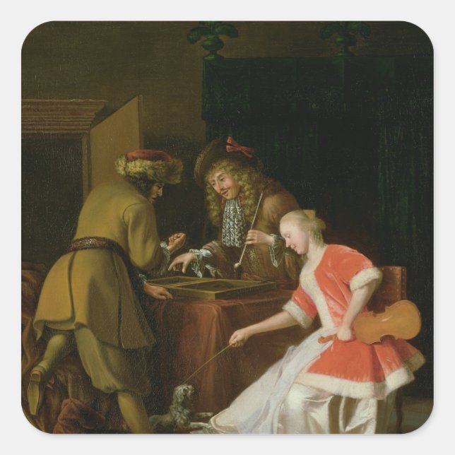 Tric-trac Players with a Lady and Her Dog Square Sticker (Front)