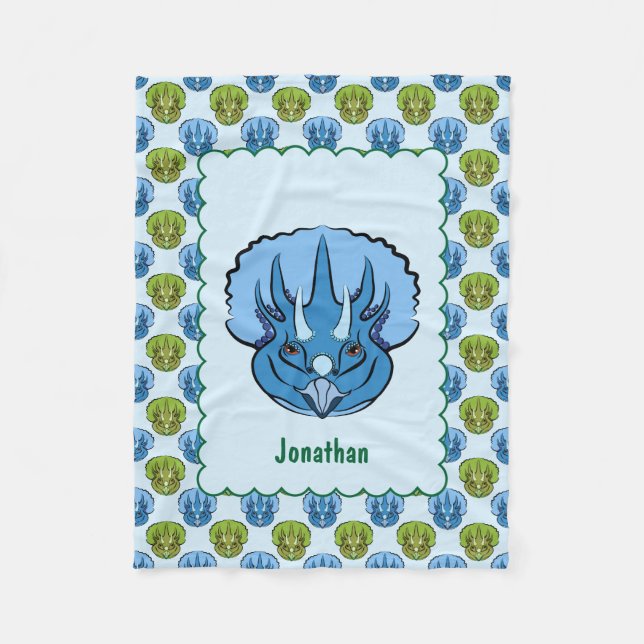 Triceratops Blue and Green Cute Dinosaur Pattern Fleece Blanket (Front)