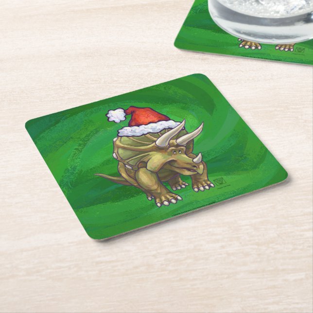 Triceratops Christmas Green Square Paper Coaster (Angled)