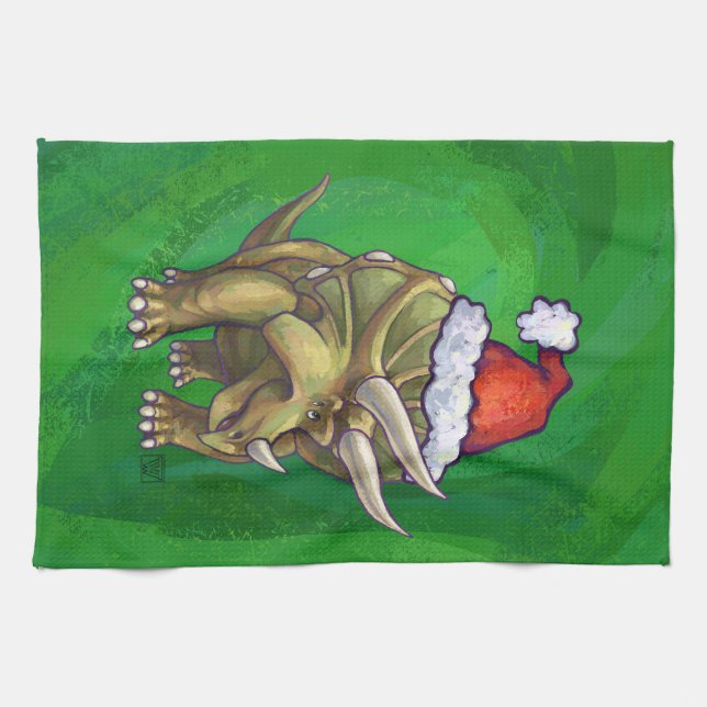 Triceratops Christmas Green Tea Towel (Horizontal)