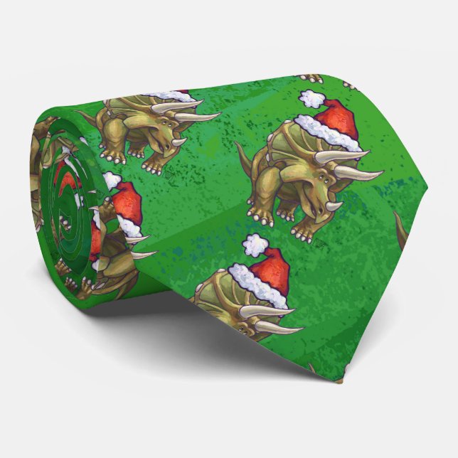 Triceratops Christmas Green Tie (Rolled)