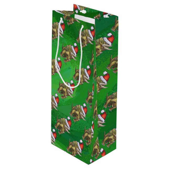 Triceratops Christmas Green Wine Gift Bag (Front Angled)
