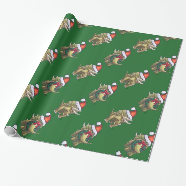 Triceratops Christmas Green Wrapping Paper (Unrolled)