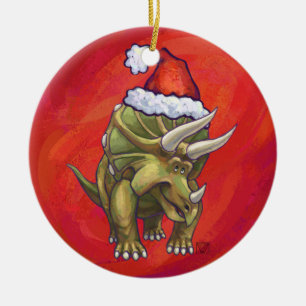Triceratops Christmas On Red Ceramic Ornament