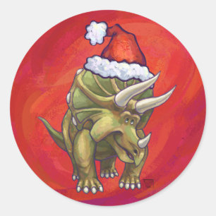 Triceratops Christmas On Red Classic Round Sticker