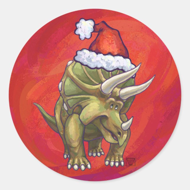 Triceratops Christmas On Red Classic Round Sticker (Front)