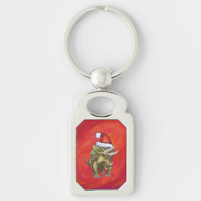 Triceratops Christmas On Red Key Ring (Front)