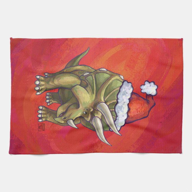 Triceratops Christmas On Red Tea Towel (Horizontal)