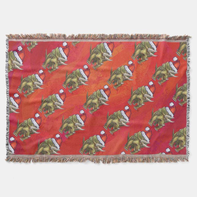 Triceratops Christmas On Red Throw Blanket (Front)
