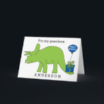 Triceratops Dinosaur Birthday Grandson Card<br><div class="desc">A triceratops dinosaur birthday grandson card with a Happy Birthday balloon attached to the present. You can easily personalise this kid's dinosaur birthday card with their name. Inside the birthday card reads "have a dino-mite birthday!" which you can also change if you'd like. The back reads "Happy Birthday 2018". Great...</div>