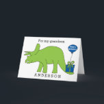 Triceratops Dinosaur Birthday Grandson Card<br><div class="desc">A triceratops dinosaur birthday grandson card with a Happy Birthday balloon attached to the present. You can easily personalise this kid's dinosaur birthday card with their name. Inside the birthday card reads "have a dino-mite birthday!" which you can also change if you'd like. The back reads "Happy Birthday 2018". Great...</div>