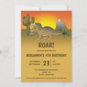 Triceratops Dinosaur In Desert Kid's Birthday Invitation