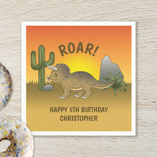 Triceratops Dinosaur Orange Yellow Desert Birthday Napkin