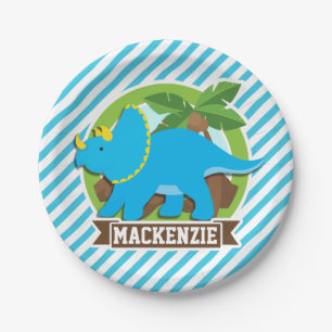 Triceratops Dinosaur; Sky Blue & White Stripes Paper Plate