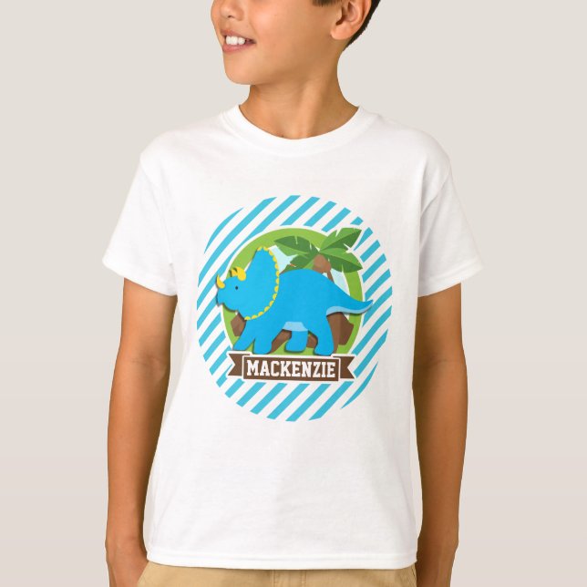 Triceratops Dinosaur; Sky Blue & White Stripes T-Shirt (Front)