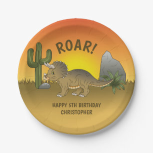 Triceratops Dinosaur Sunset Desert Kid's Birthday Paper Plate