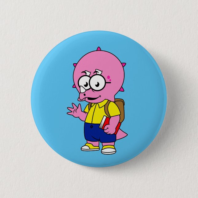 Triceratops Nerd With Backpack And Textbook. 6 Cm Round Badge (Front)