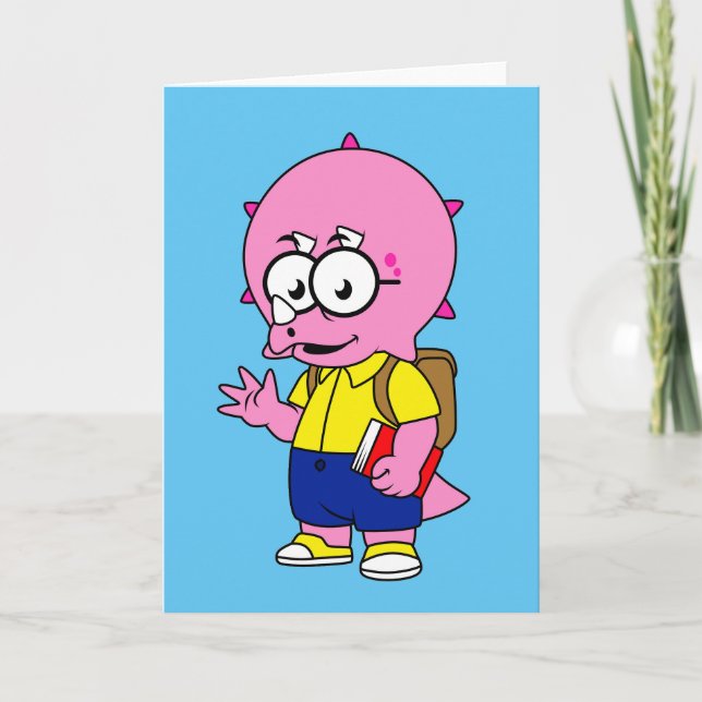 Triceratops Nerd With Backpack And Textbook. Card (Front)