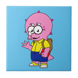 Triceratops Nerd With Backpack And Textbook. Ceramic Tile