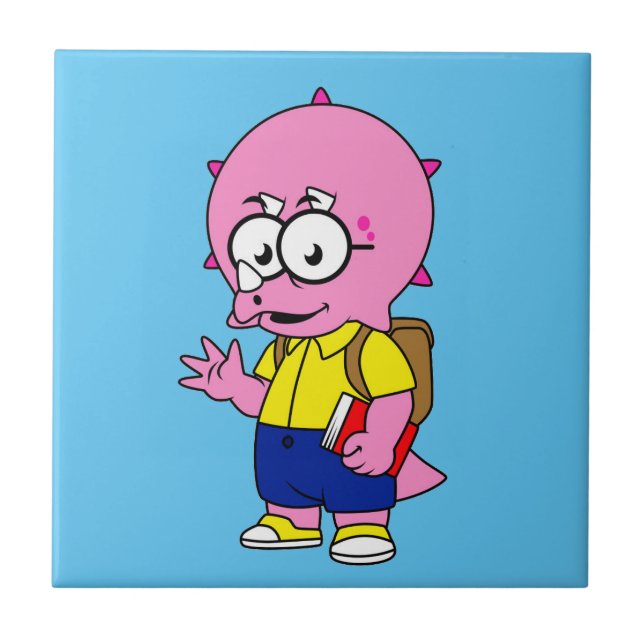 Triceratops Nerd With Backpack And Textbook. Ceramic Tile (Front)