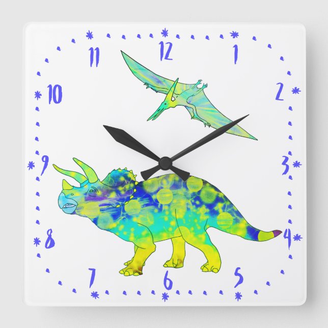 Triceratops Pterodactyl Green Psychedelic Dinosaur Square Wall Clock (Front)