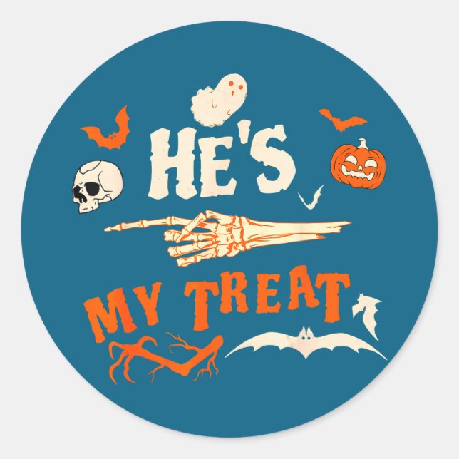 Trick funny skeleton halloween matching couples classic round sticker (Front)
