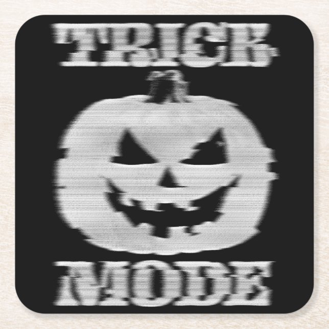 Trick Mode Glitchy Pumpkin Square Paper Coaster (Front)