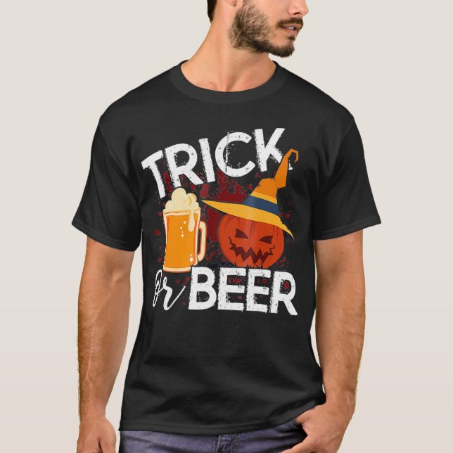 Trick Or Beer Funny Halloween Drinking T-Shirt (Front)