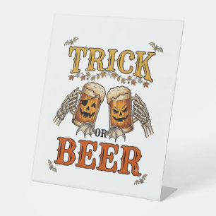 Trick Or Beer Halloween Pumpkin Mug Skeleton Hands Pedestal Sign