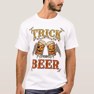 Trick Or Beer Halloween Pumpkin Mug Skeleton Hands T-Shirt