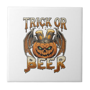 Trick Or Beer Halloween Pumpkin Skeleton Wings Mug Ceramic Tile