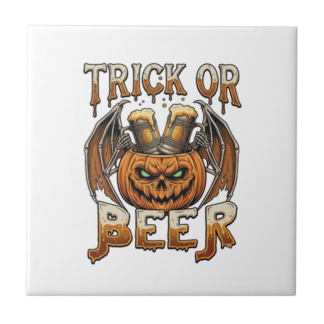 Trick Or Beer Halloween Pumpkin Skeleton Wings Mug Ceramic Tile (Front)