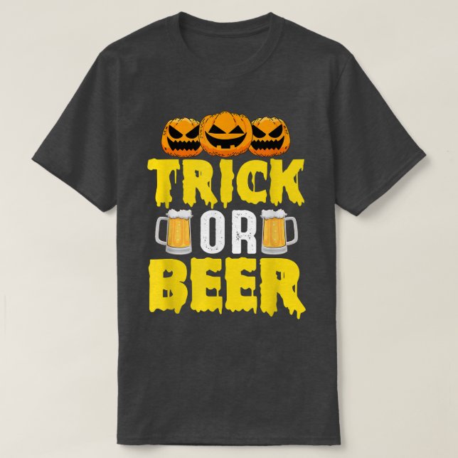 Trick Or Beer Pumpkin Drinking Beer Funny Hallowee T-Shirt (Design Front)